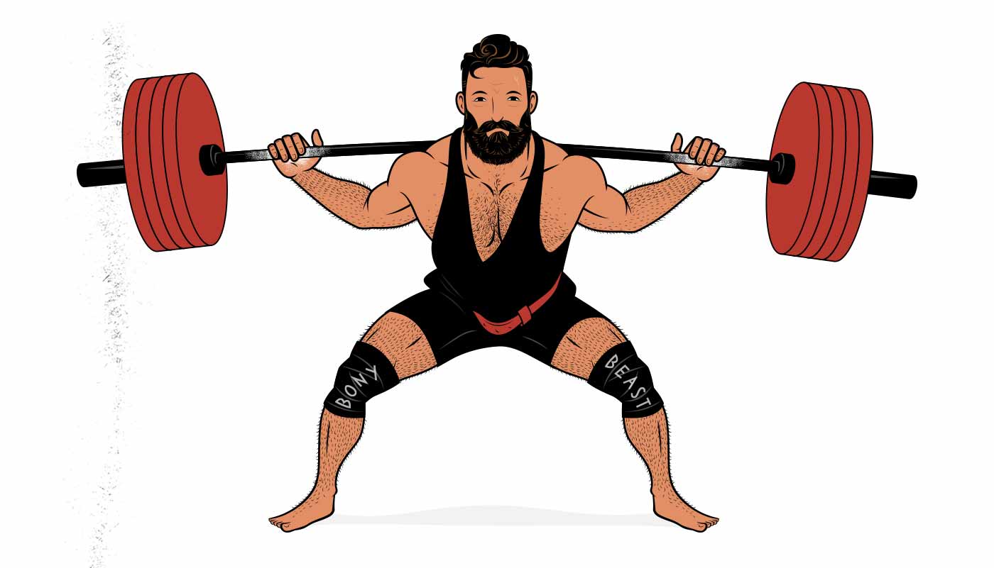 Illustration showing a powerlifter doing a low-bar back squat.