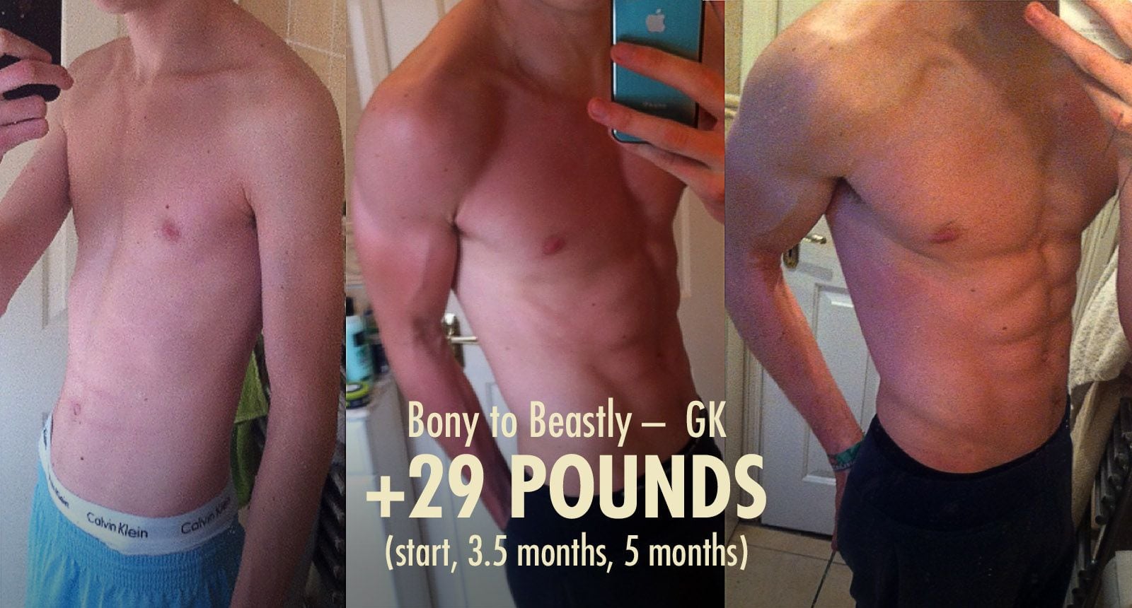 Before and after photos showing a skinny guy doing a lean bulking transformation.