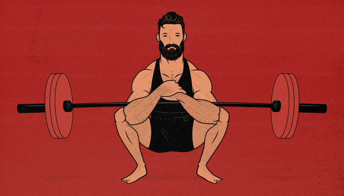 Illustration of a man doing a Zercher squat.