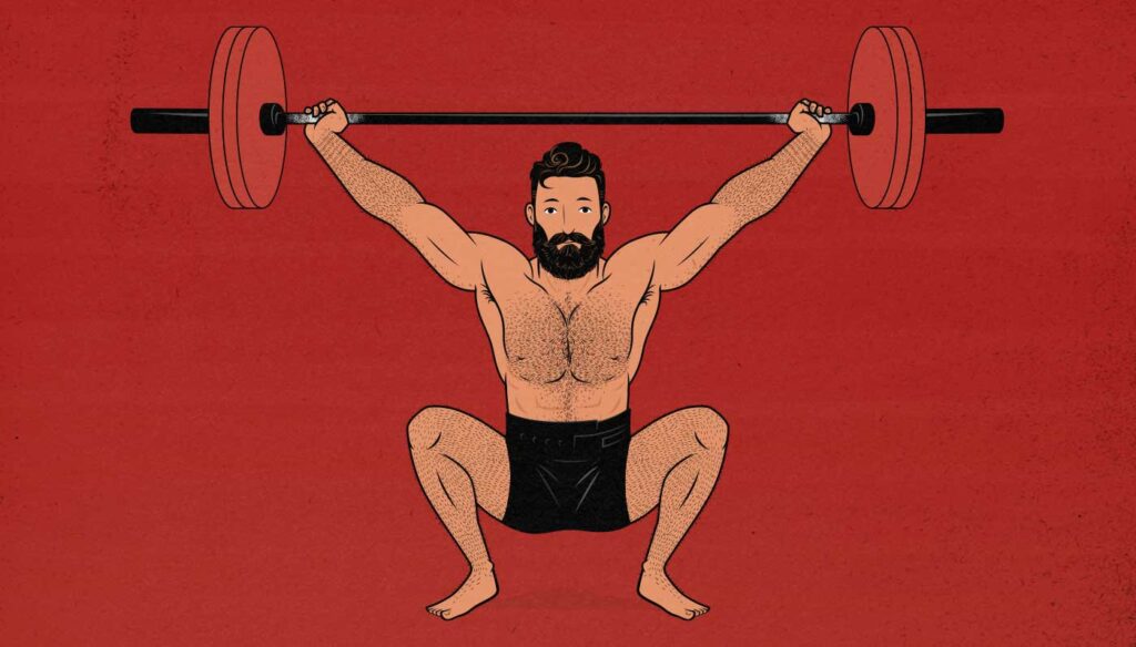 Illustration showing a man Olympic weightlifting (doing a snatch).