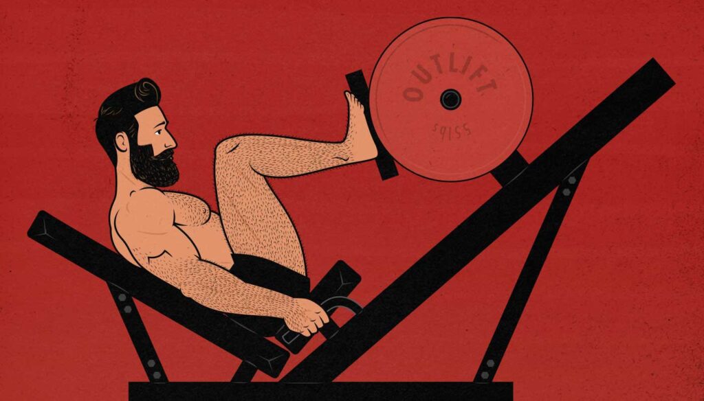 Illustration of a bodybuilding using the leg press exercise machine to build muscle.