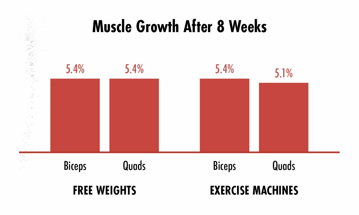 Illustration showing the differences in muscle hypertrophy when comparing free weights vs exercise machines.