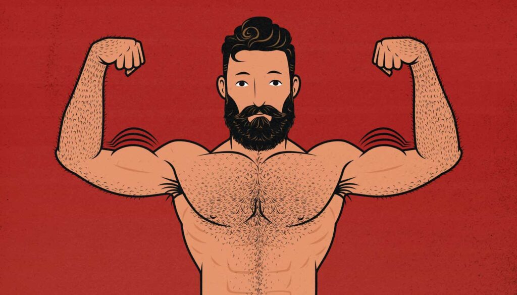 Illustration of a bodybuilder building bigger biceps.