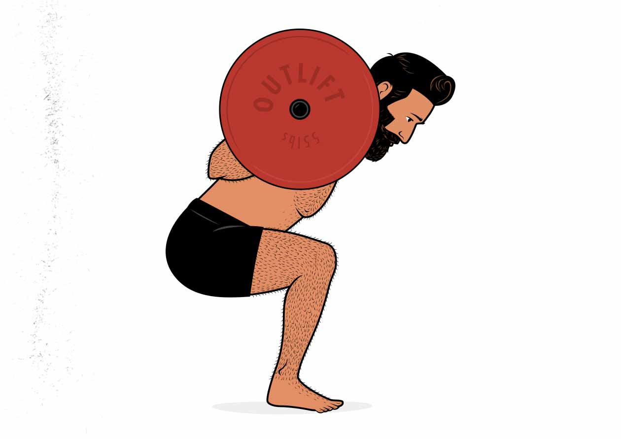 Side view illustration of a man doing a Starting Strength low-bar barbell back squat.