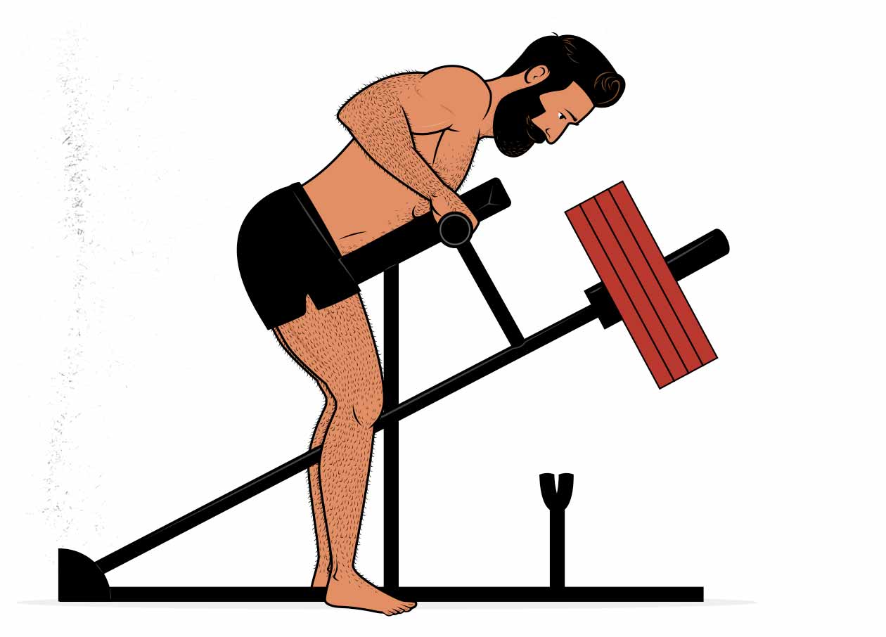 Illustration of a bodybuilder doing a t-bar row using an exercise machine.