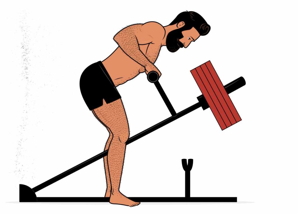 Illustration of a man using a t-bar row machine with his back unsupported.