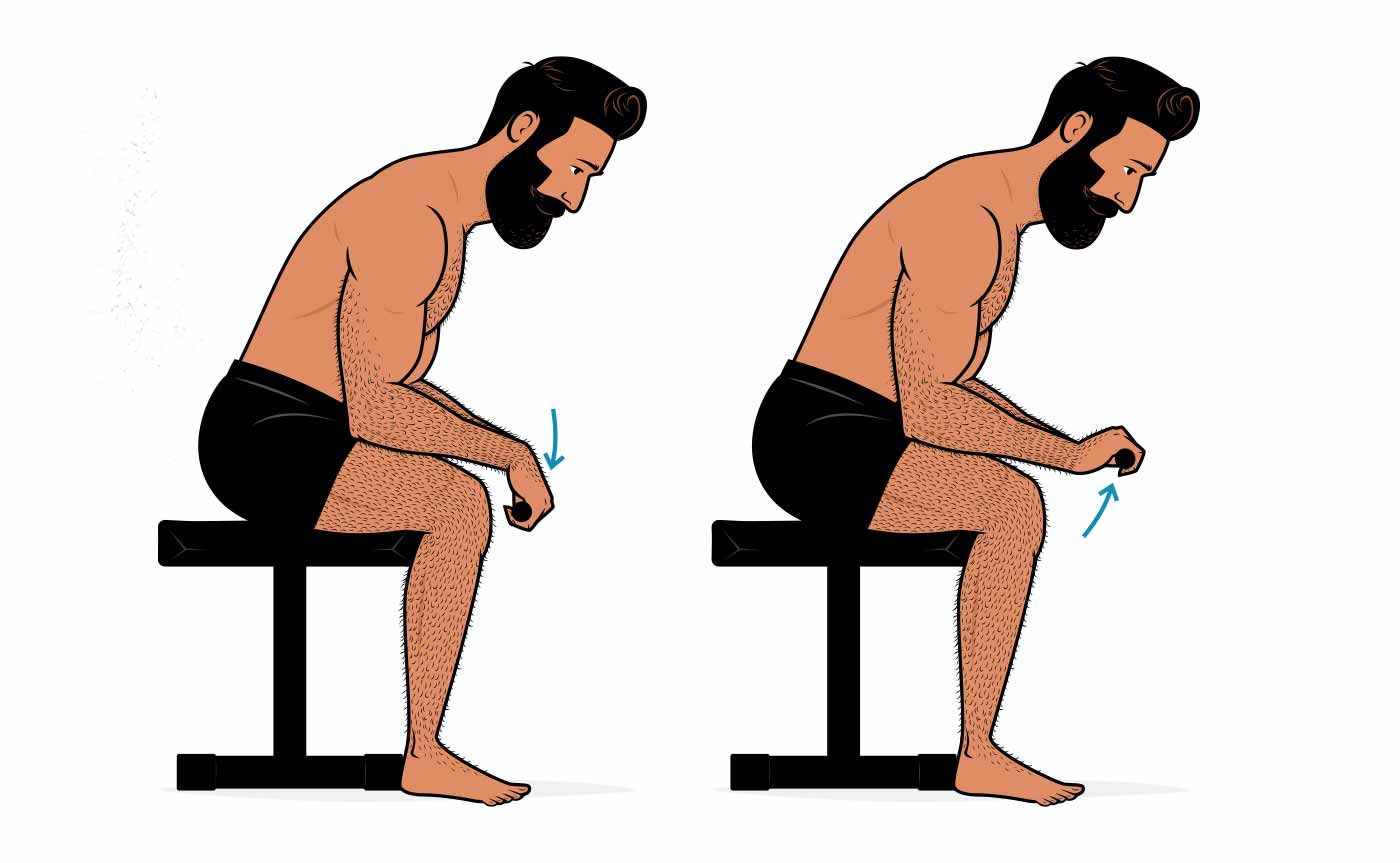 Illustration showing how to do wrist extensions to build bigger forearms.