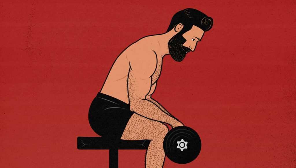 Illustration showing a man doing wrist curls to build bigger forearms.