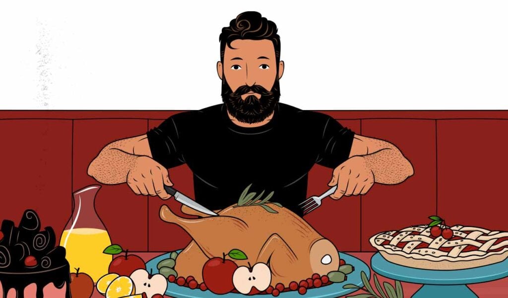 Illustration of a man eating a big bulking meal.