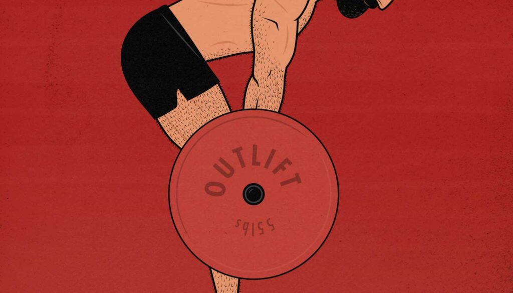 Outlift illustration showing a man doing a barbell Romanian deadlift to build muscle in his hips.