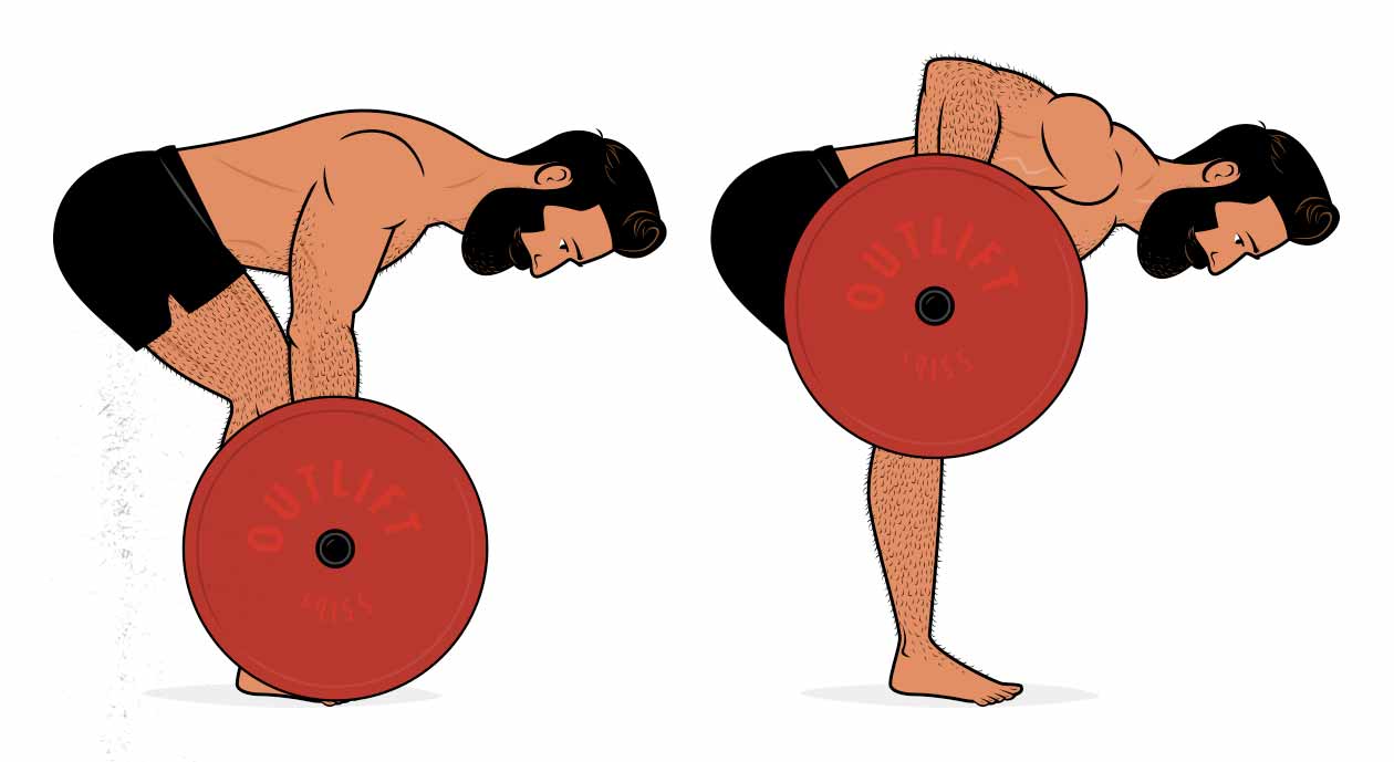 Illustration of a man doing a stronglifts barbell row, from the floor.