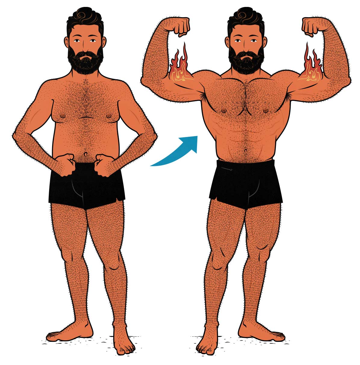 Before and after illustration of a man building muscle and losing fat (body recomposition) with a 4-day workout split.