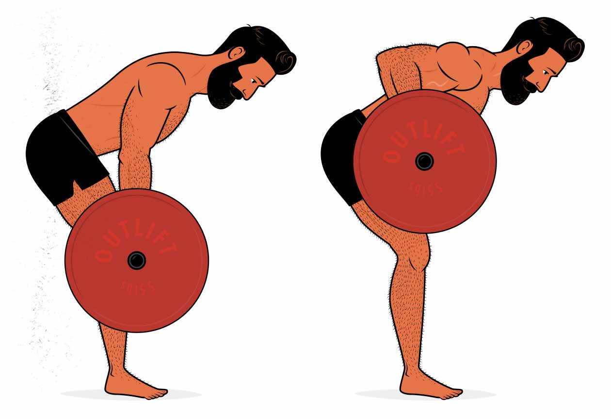 Illustration of a man showing how to do the bent-over barbell row exercise.