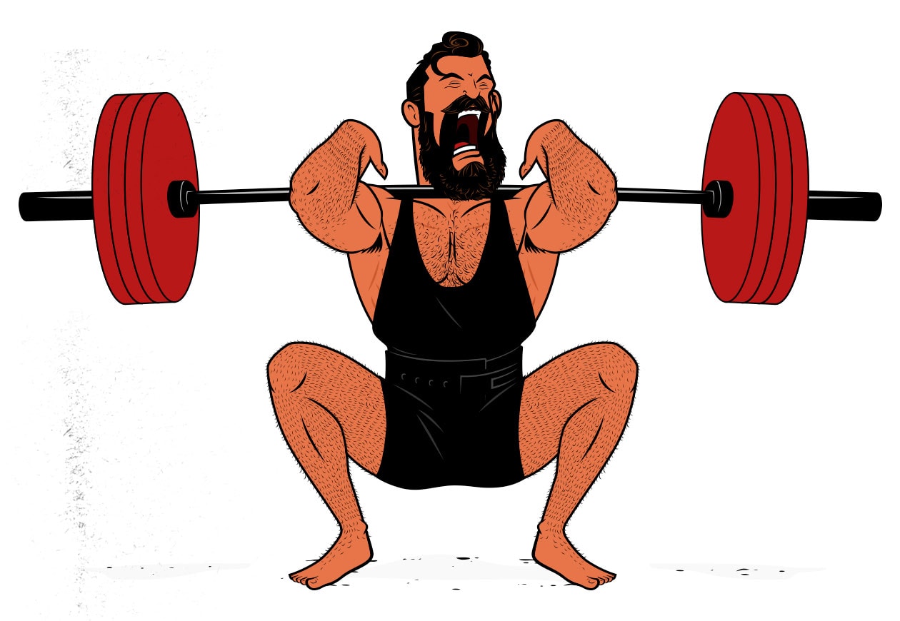 Illustration of a bodybuilder doing front squats to gain muscle mass.