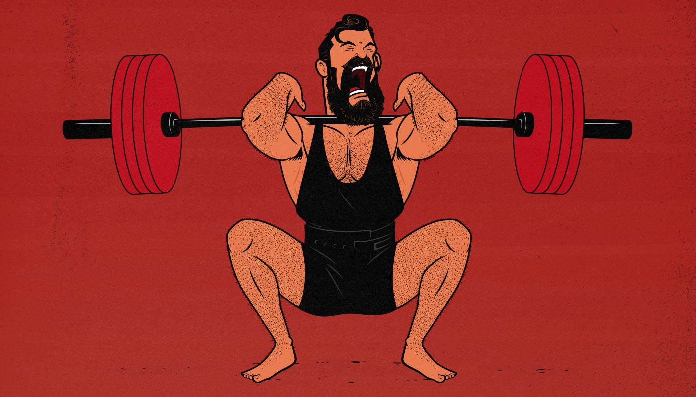 Illustration of a man doing a squat with a fast lifting tempo to build muscle faster.