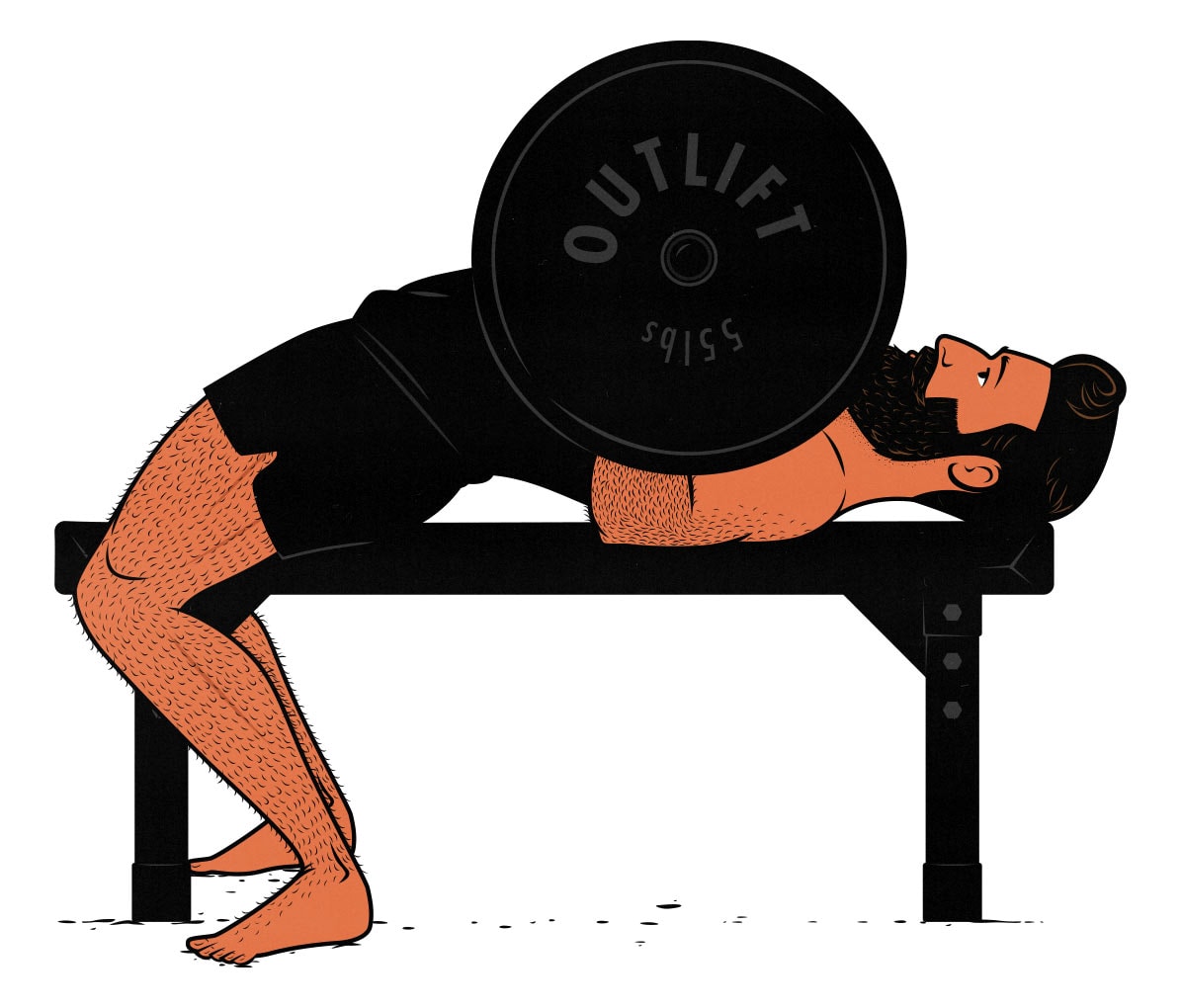 Illustration of a weight lifter doing the barbell bench press exercise to build bigger shoulder muscles.