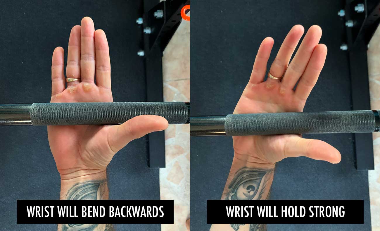 Photos showing how to hold the barbell when doing the bench press so that your wrists don't bend backwards.