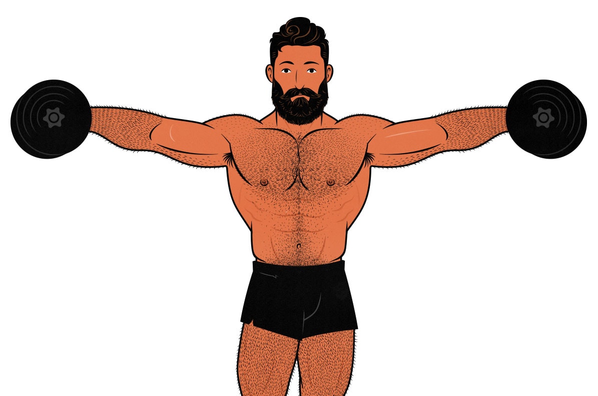 Illustration of a weight lifter doing the lateral raise exercise to build bigger side delts and broader shoulders.