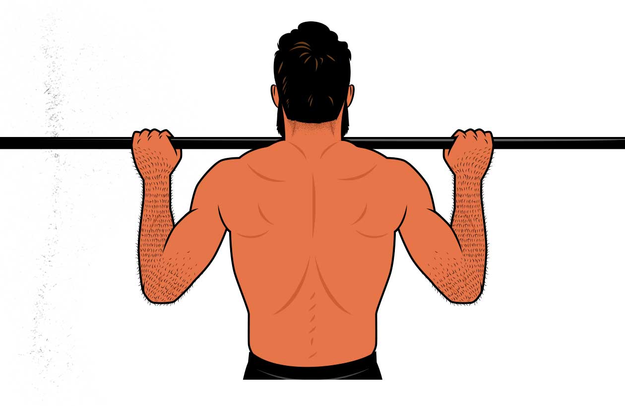 Illustration of man showing how to do the pull-up exercise.