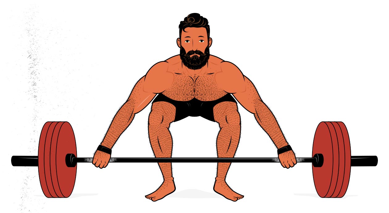 Illustration of a man doing snatch-grip deadlifts with lifting straps.