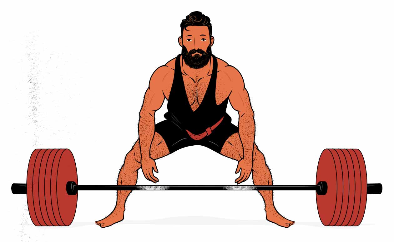 Ilustración de un hombre haciendo un peso muerto sumo con barra.