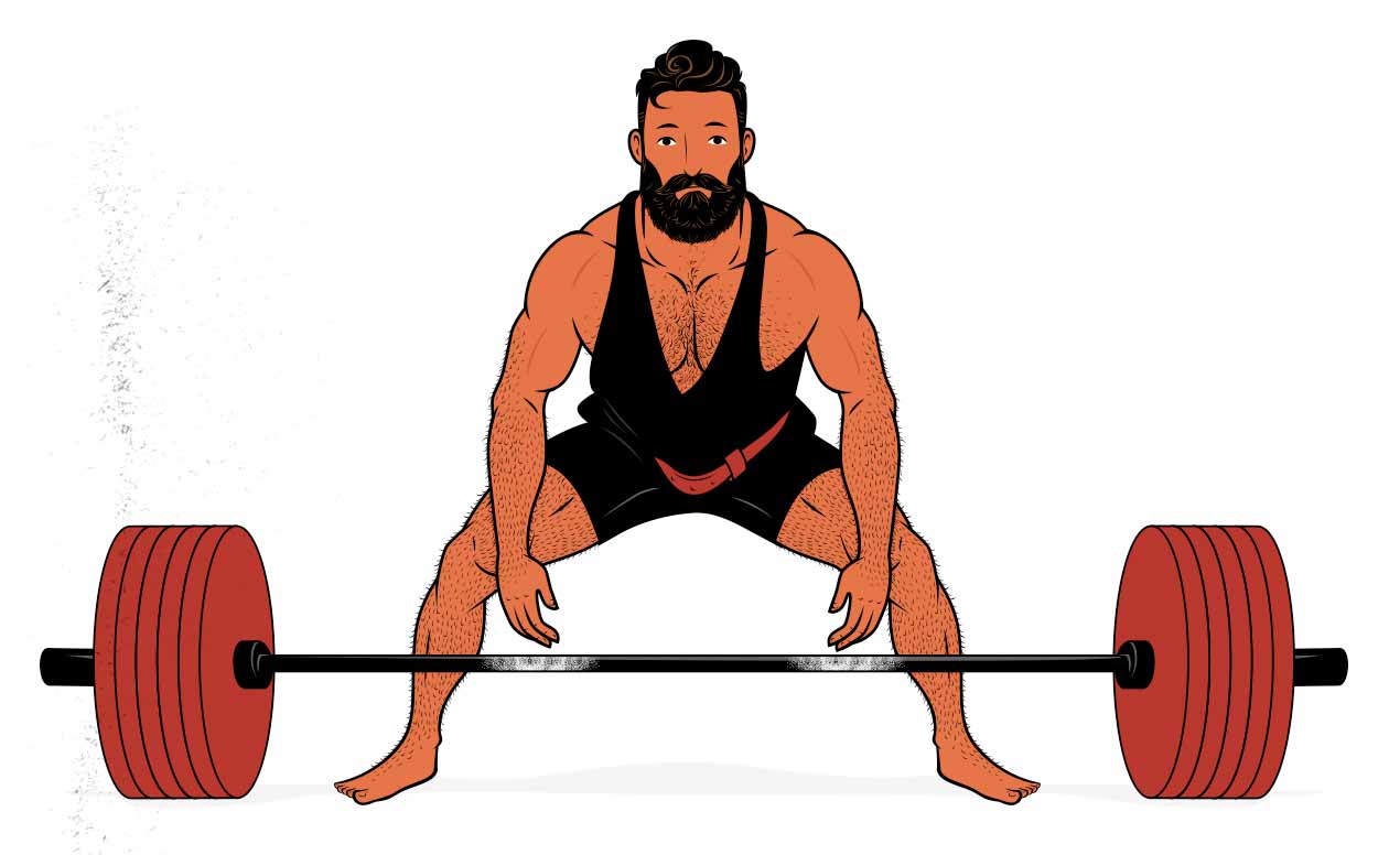 Illustration of a man doing a barbell sumo deadlift.