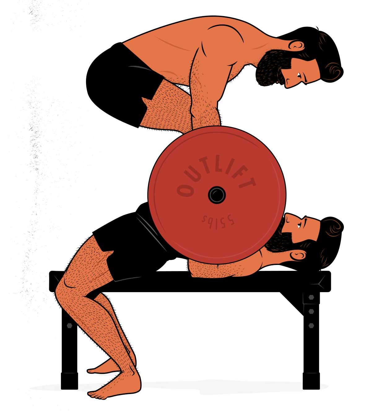 Illustration of a bodybuilder doing a bench press and barbell row superset to gain muscle mass.