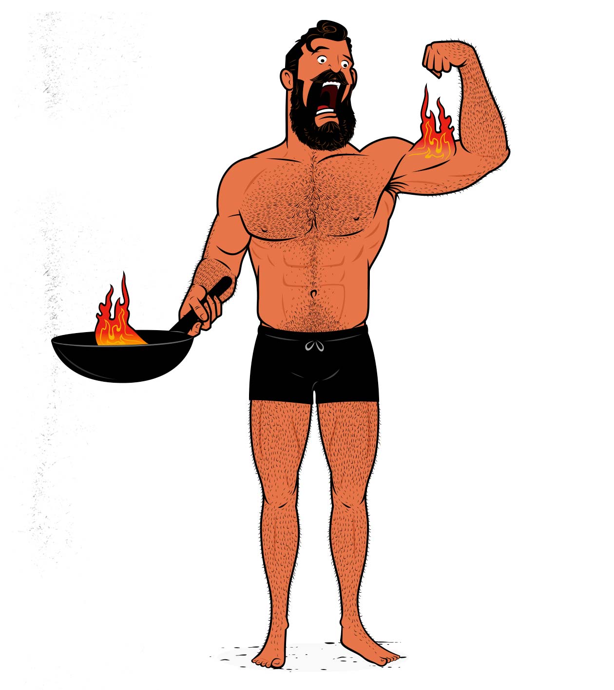 Ilustración de un fisicoculturista cocinando para ganar músculo.