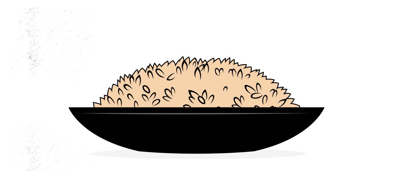 Ilustración de un plato de arroz, un alimento clásico para los fisicoculturistas, al ganar peso.