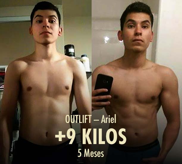 Foto de antes y después de ariel ganando músculo y pasando de delgado a musculoso al levantar pesas.
