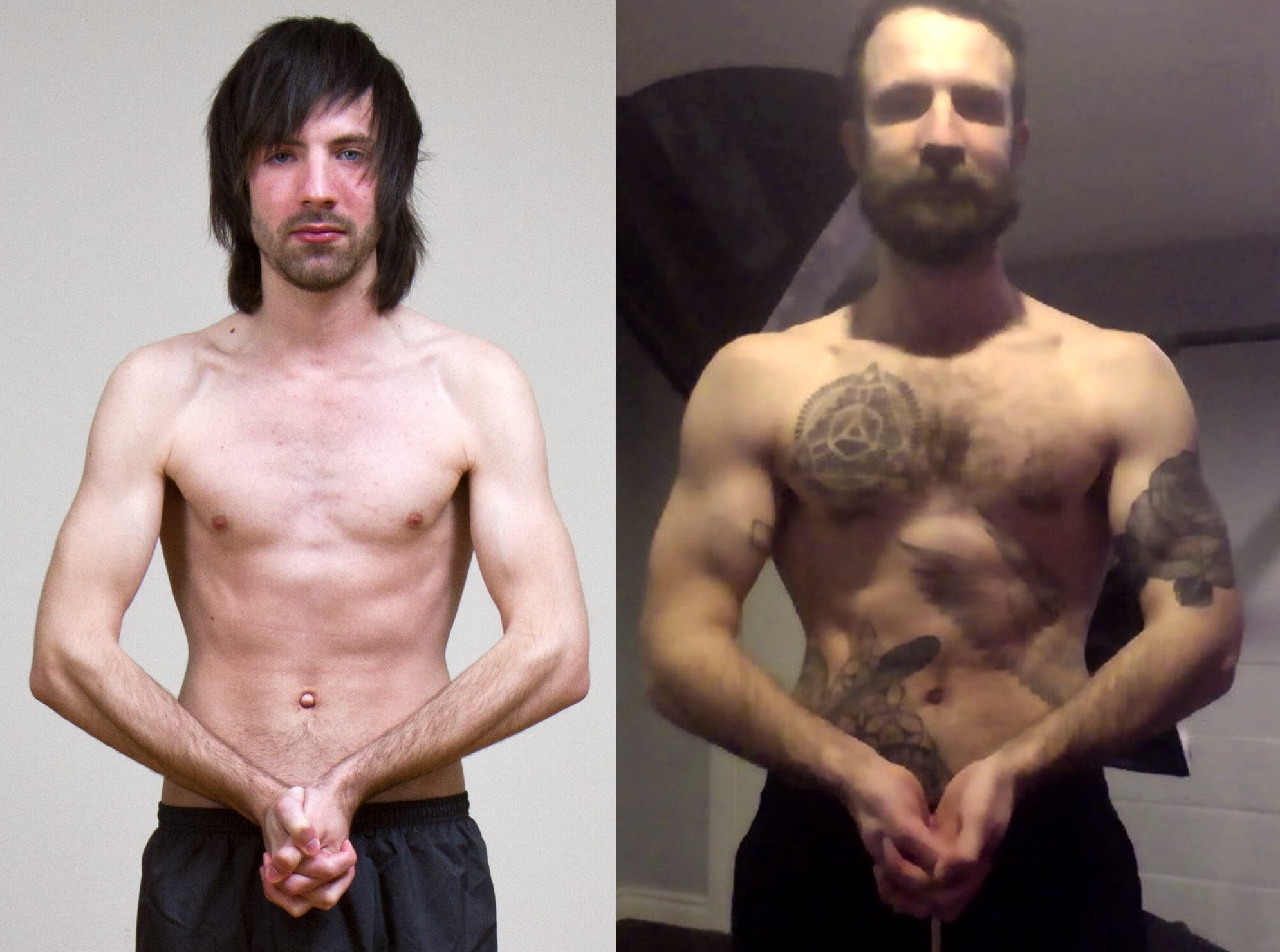 Before and after photo showing a skinny guy gaining muscle mass.