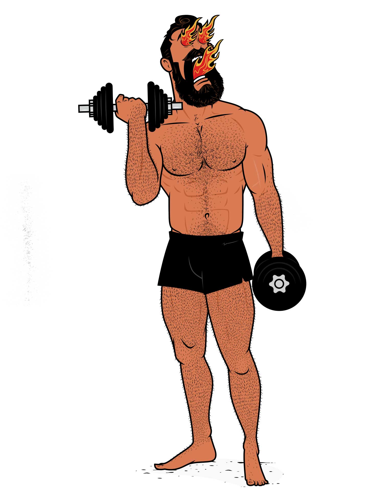 Illustration of a bodybuilder doing biceps curls.