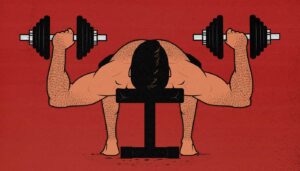 An illustration of a bodybuilder doing the dumbbell bench press.
