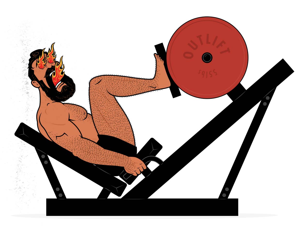 Illustration of a bodybuilder doing high-intensity training (HIT) leg pressing to build muscle.