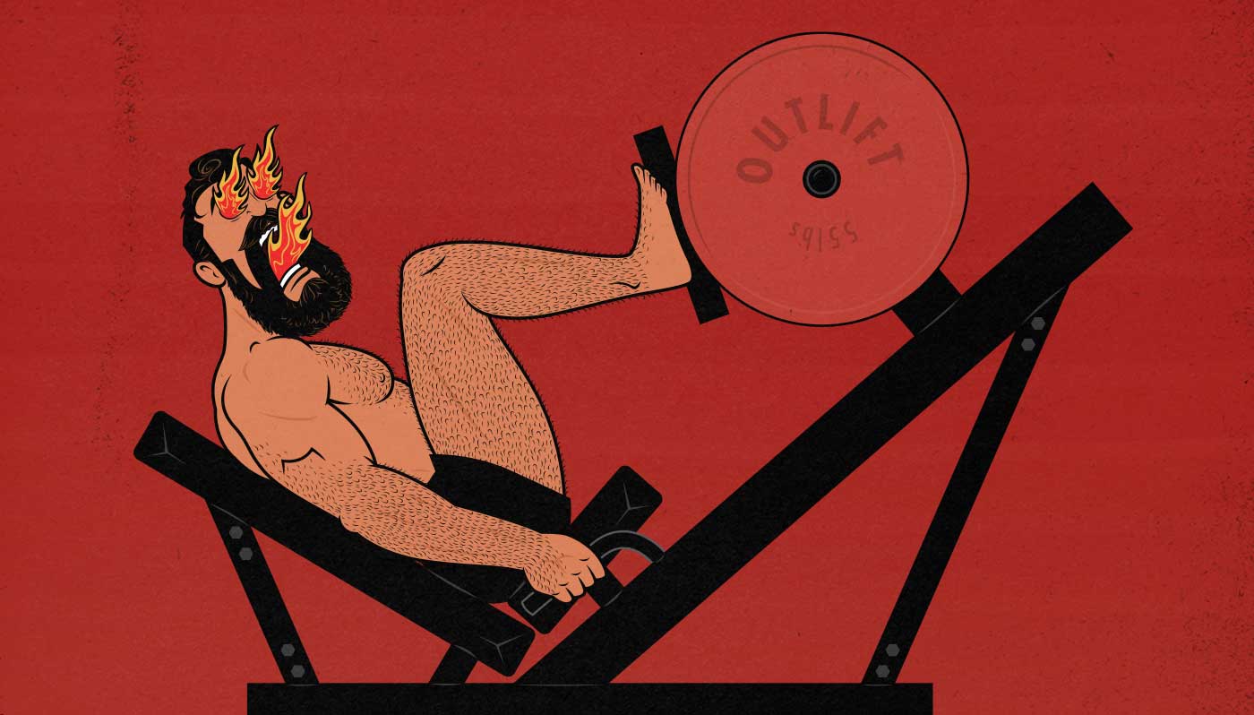 Illustration of a bodybuilder doing High-Intensity Training (HIT) on the leg press exercise machine to gain muscle size and strength.