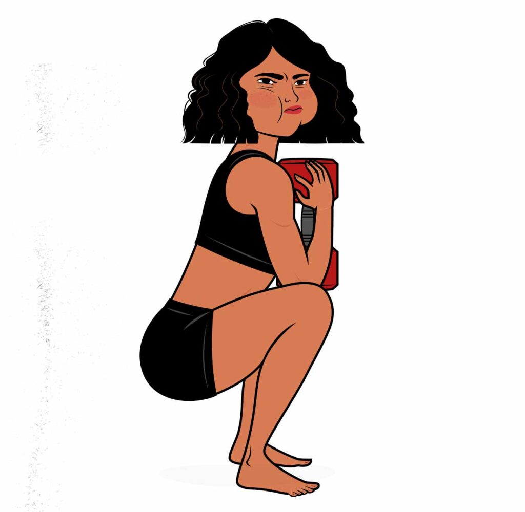 Illustration of a woman doing a deep "ass-to-grass" dumbbell goblet squat.