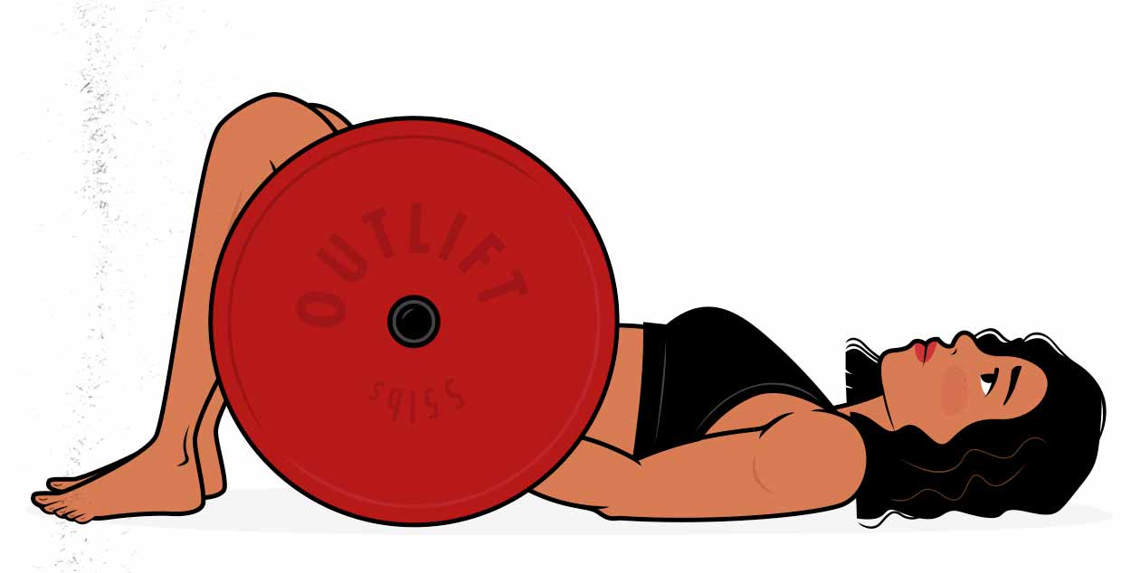 Illustration of a woman progressively overloading the glute bridge exercise to gain muscle and strength.