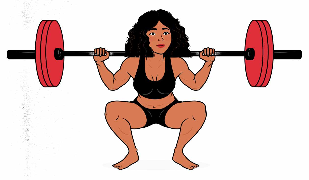 Illustration of a woman progressively overloading the high-bar barbell back squat.