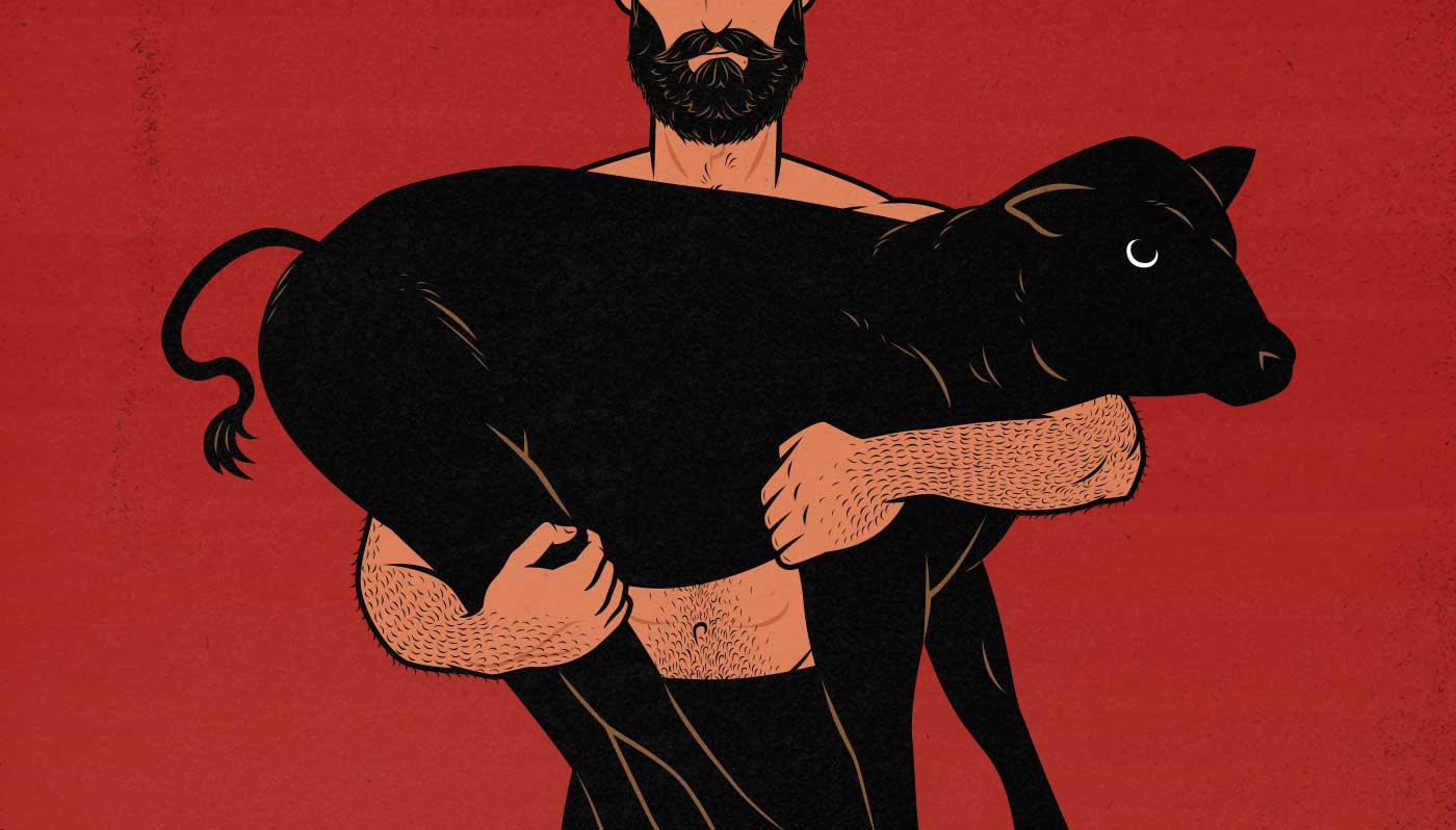 Illustration of a man lifting a calf to progressively overload his growing muscles.