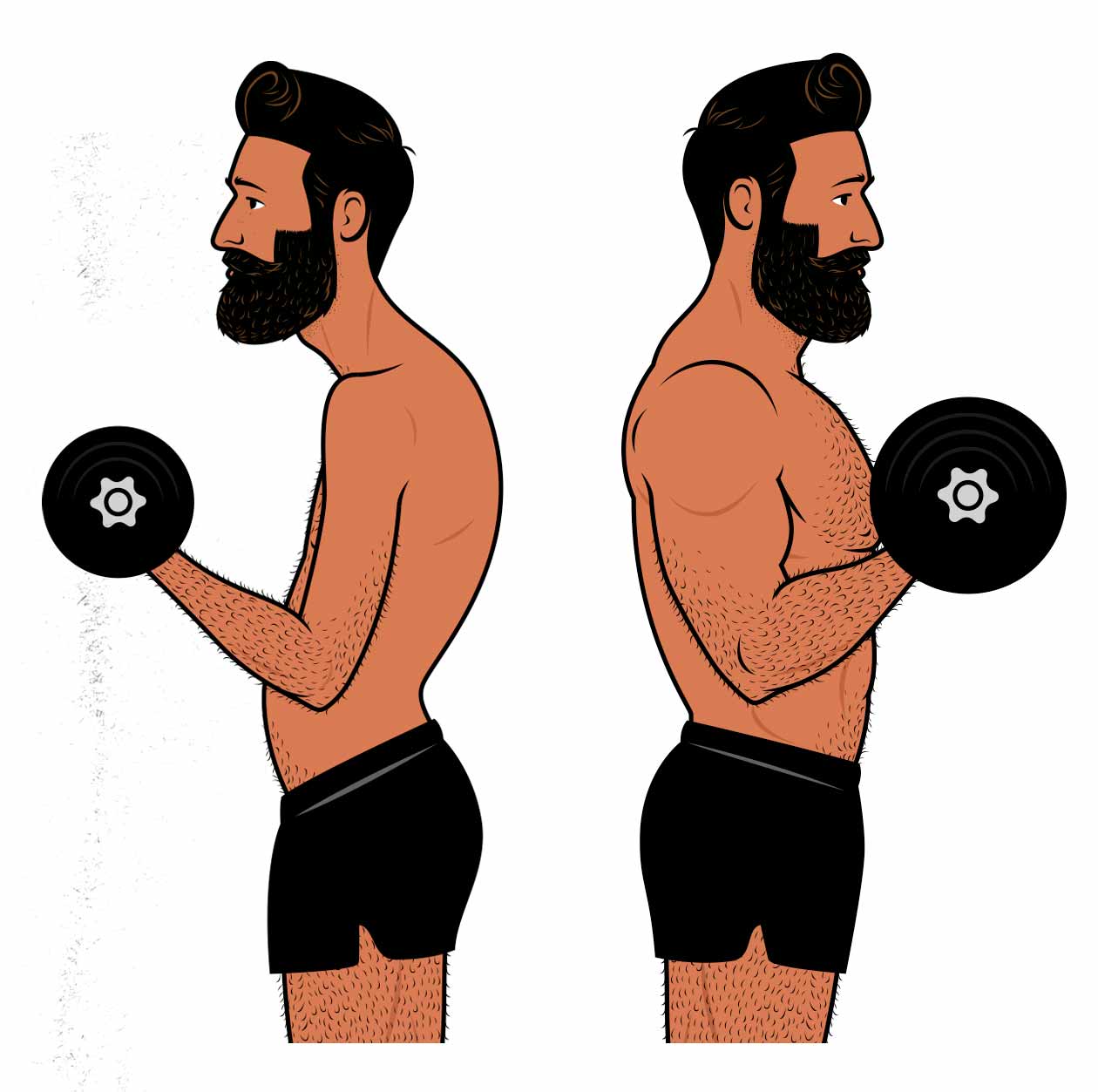 Illustration of a man using progressively heavier weights to become bigger, stronger, and more muscular.