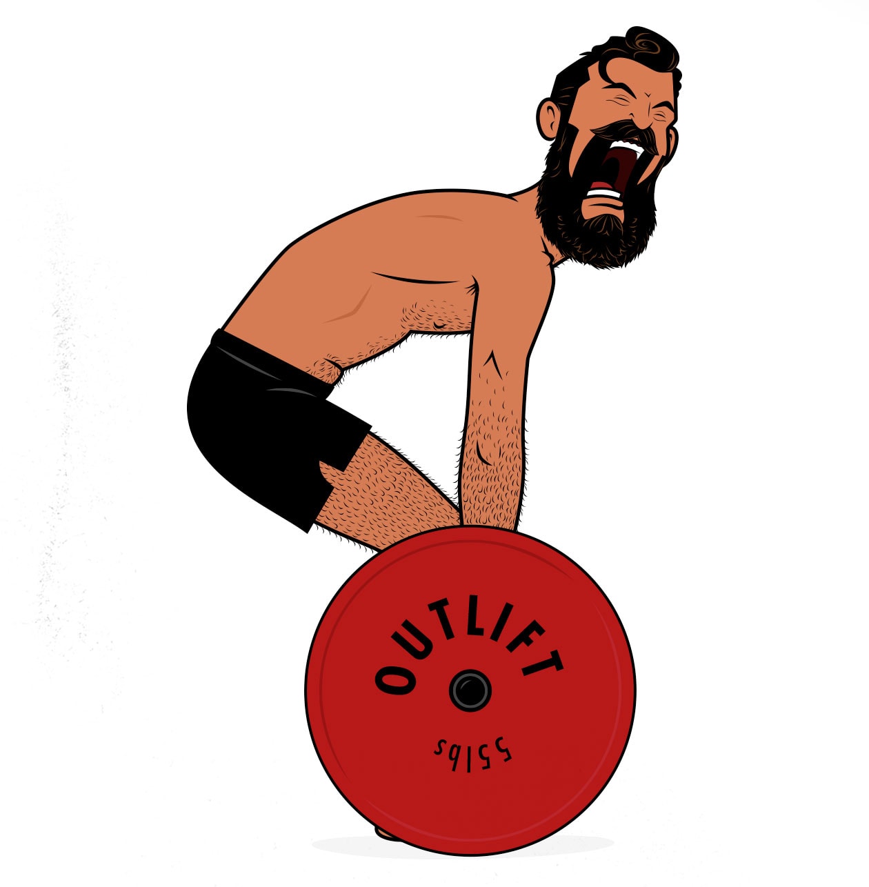 Cartoon illustration of a beginner deadlifting with a rounded back.
