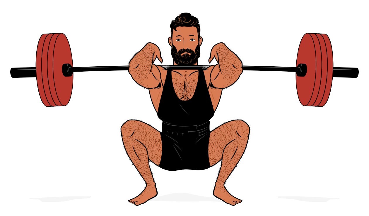 Cartoon illustration of a bodybuilder doing front squats to build muscle.