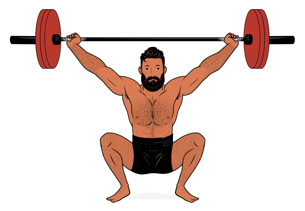Cartoon illustration of an Olympic weightlifter snatching.