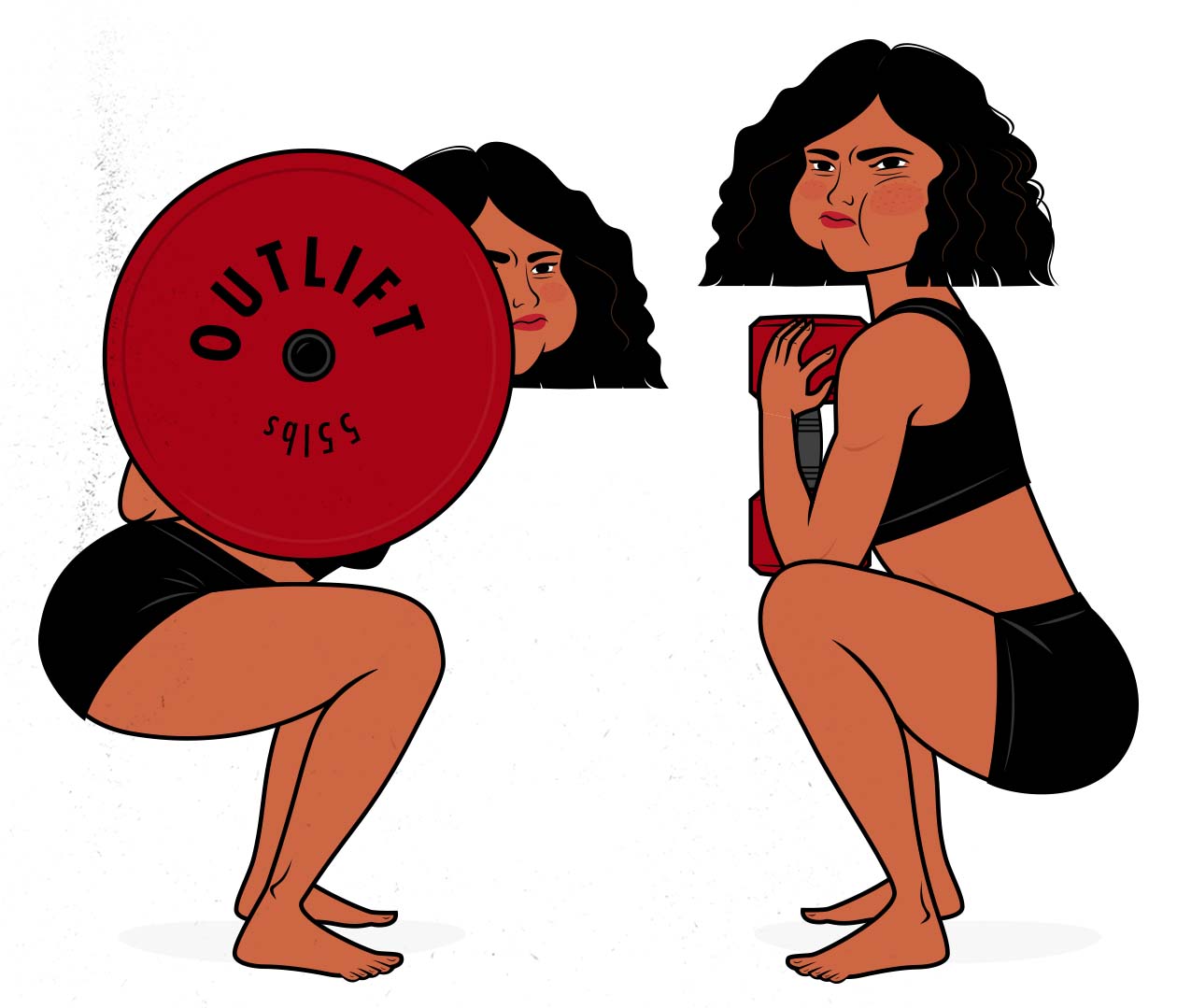 Illustration of two women training to build muscle with barbells and dumbbells.