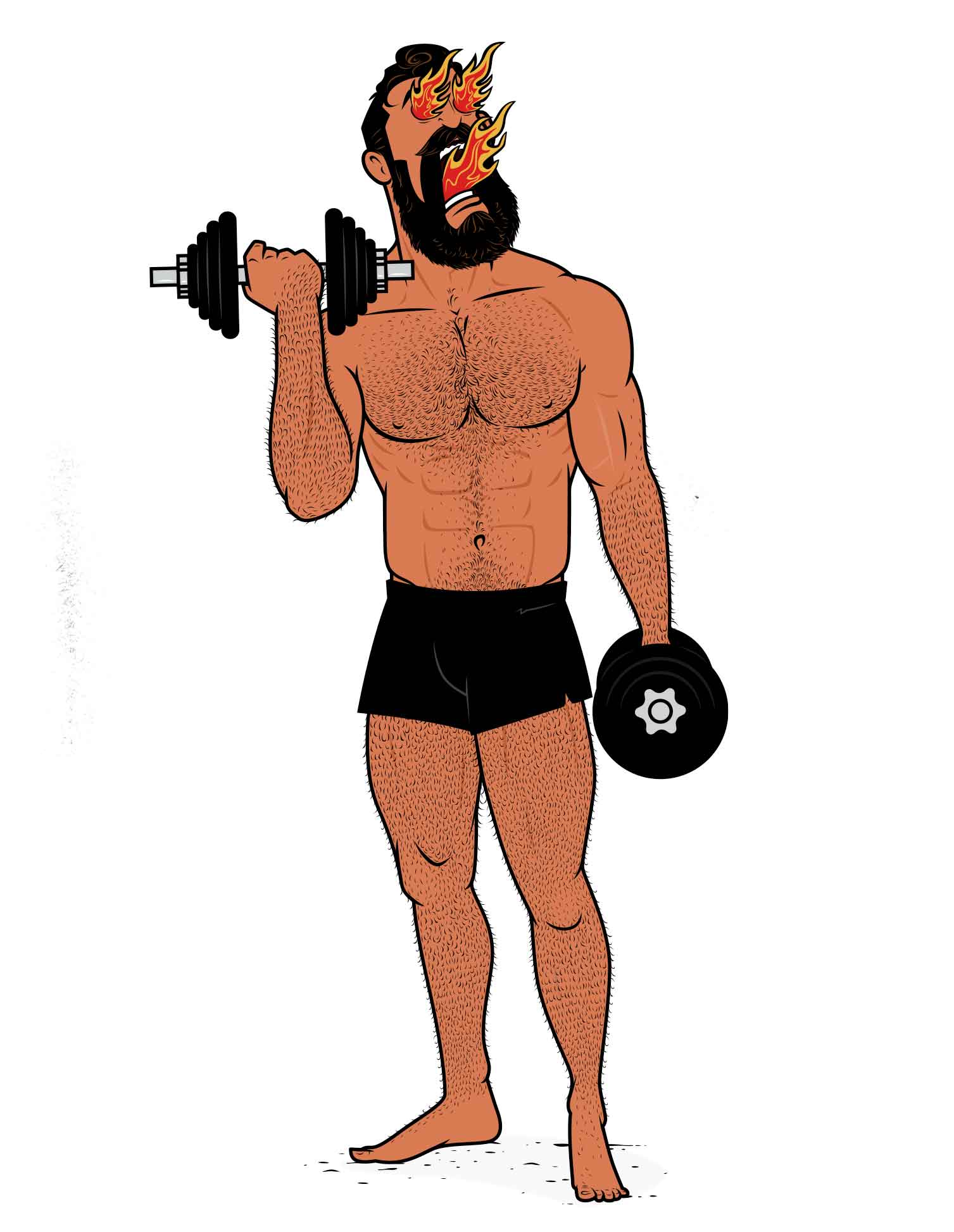Outlift cartoon of a bodybuilder doing biceps curls to build muscle.