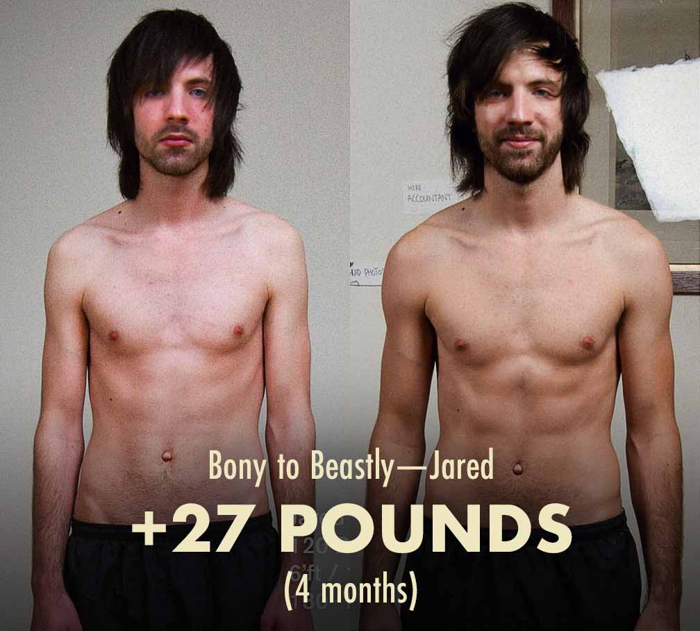 Photo showing Jared's before/after results while using a mass gainer.