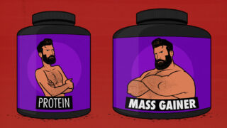 Cartoon of protein powder and mass gainer supplements.