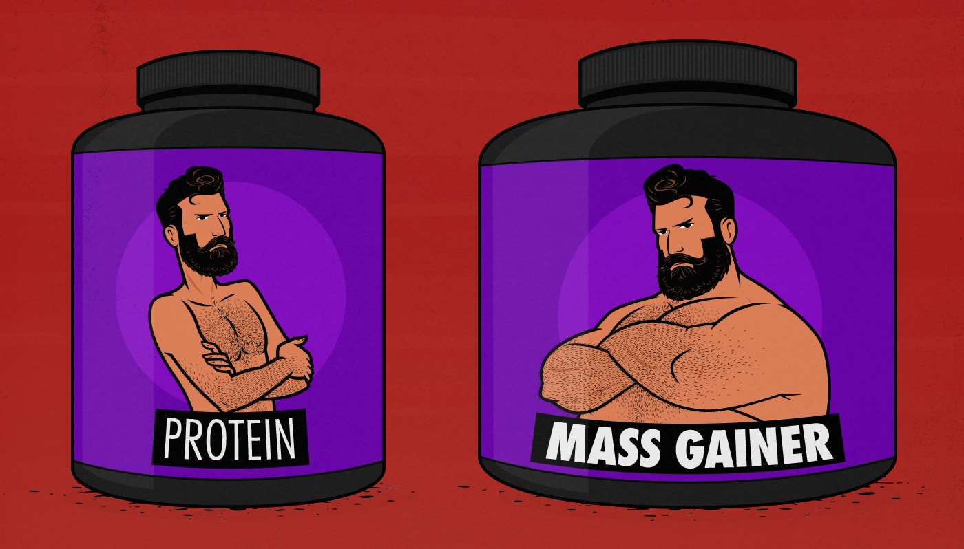 Cartoon of protein powder and mass gainer supplements.