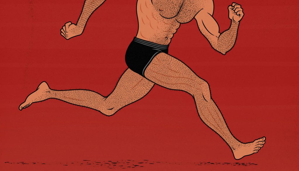 Illustration of a bodybuilder jogging to improve his cardiovascular fitness.