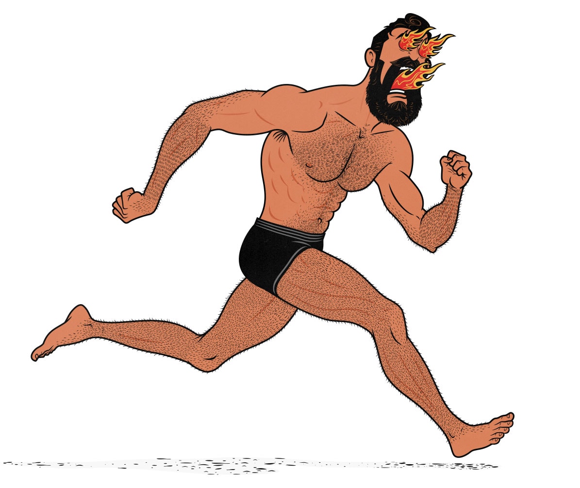 Cartoon illustration of a bodybuilder jogging for cardiovascular exercise.